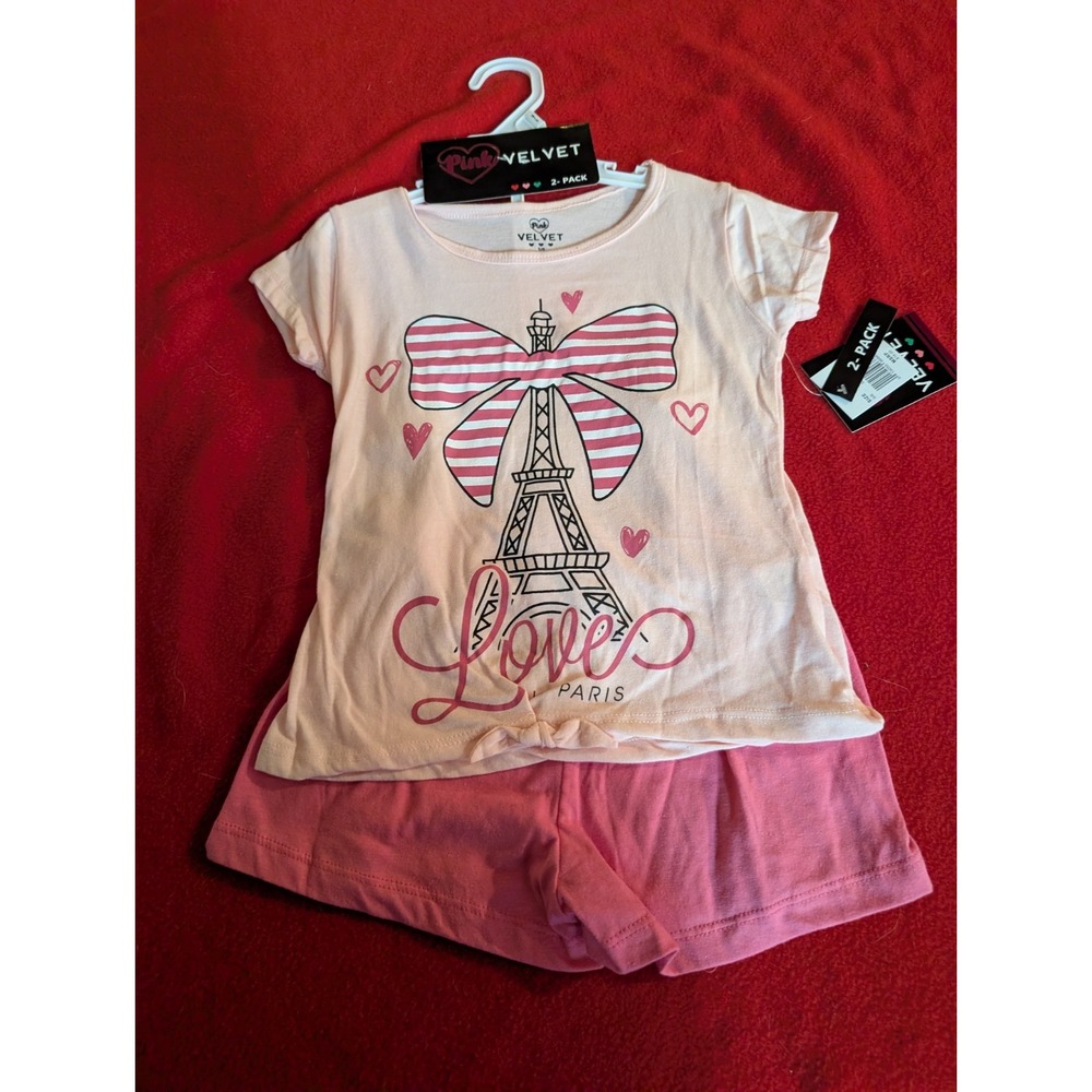 Pink Velvet Girls 2 Piece Shorts Set Paris Eiffel Tower Pink Sangria Sz 5/6 NWT